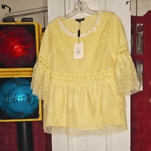 Vineet Bahl Womens Embroidered Yellow Mesh Tiered Blouse Boho XS